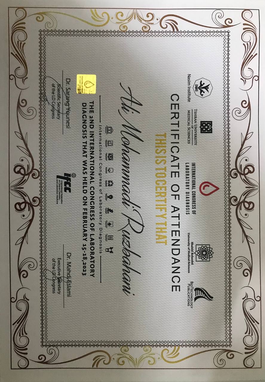Certificate of attendance at the 2nd International Congress of Laboratory Diagnosis