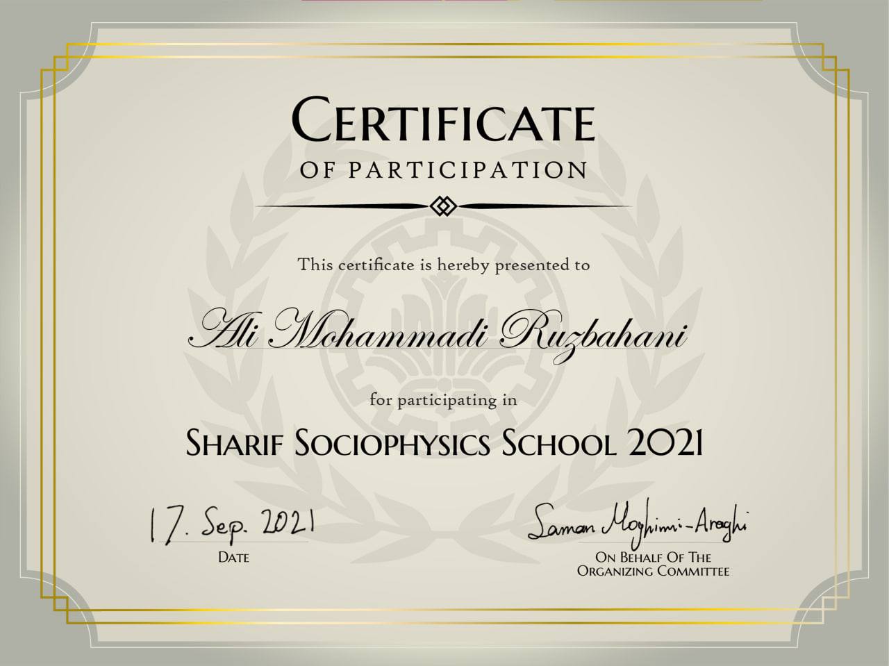 Certificate of participation in Sharif Sociophysics School 2021